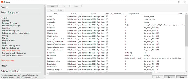 Example of CompositeCompositeText fieldsfieldsfor Items that mapmapto the COBieCOBieType worksheet