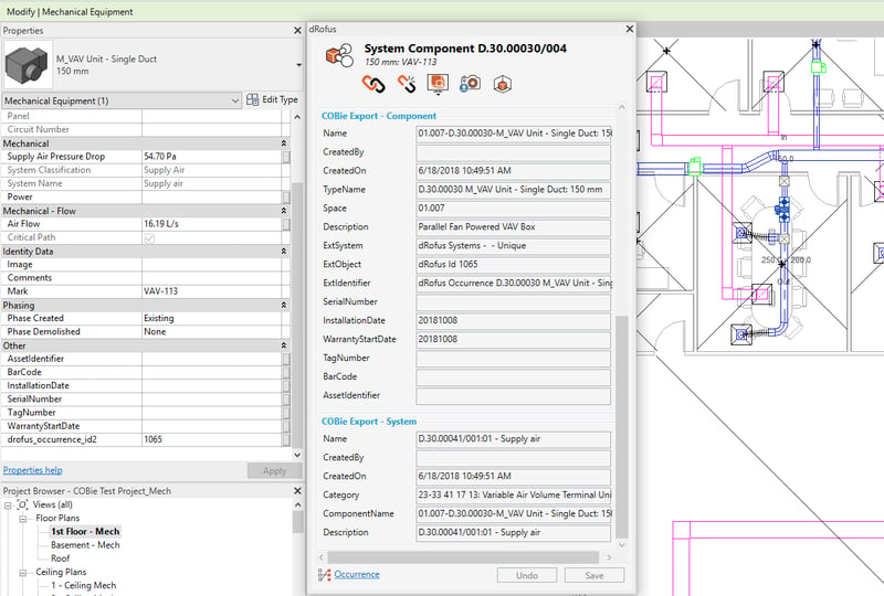 Example of dRofus Occurrence containing COBie Component and System data connected to Revit Family