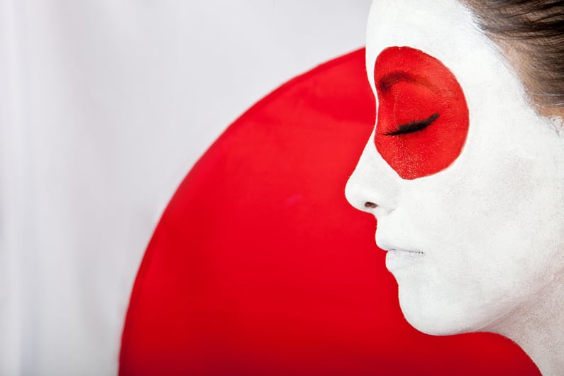 Japanese woman in Asian outfit with the flag behind